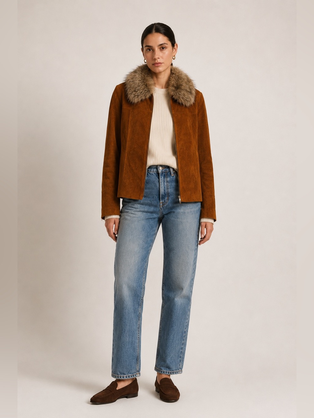 Vintage Uniform John Paul Richard Cognac Suede Zip Jacket Faux Fur Collar M